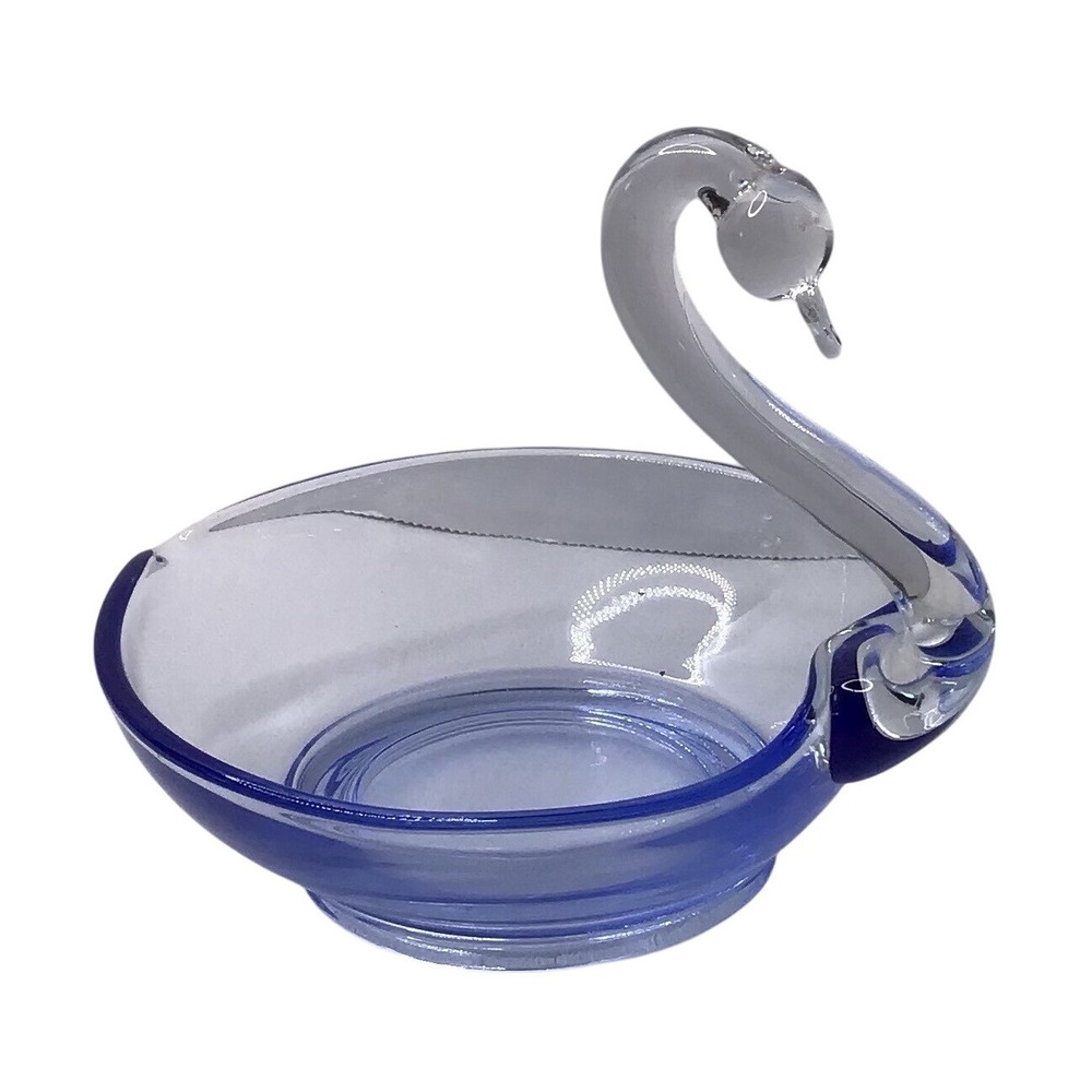 Vintage Blue Art Glass Swan Trinket Dish‎ Heart Shaped Ring Holder Bowl